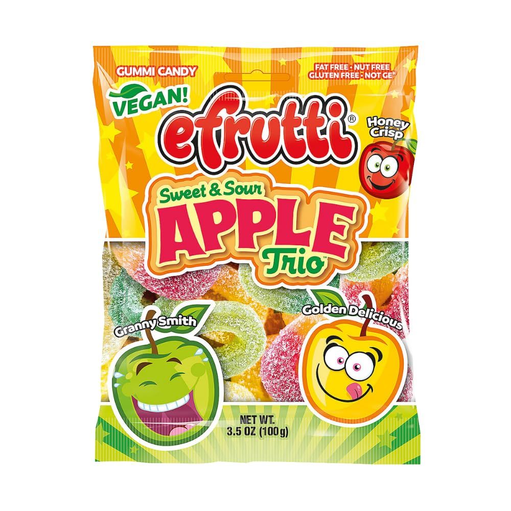 Efruttii Sweet &amp; Sour Apple Trio, Vegan Gummy Candy, 3.5oz, 3 Pack