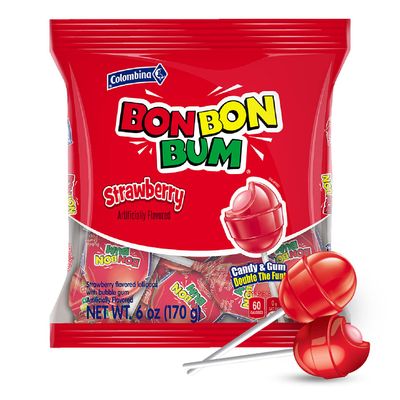 Colombina Bon Bon Bum Classic Lollipops w/Bubble Gum Center, Strawberry Flavor, Individually Wrapped, Ideal for Party Favors and Gifts, 1 Pack (10 Count)