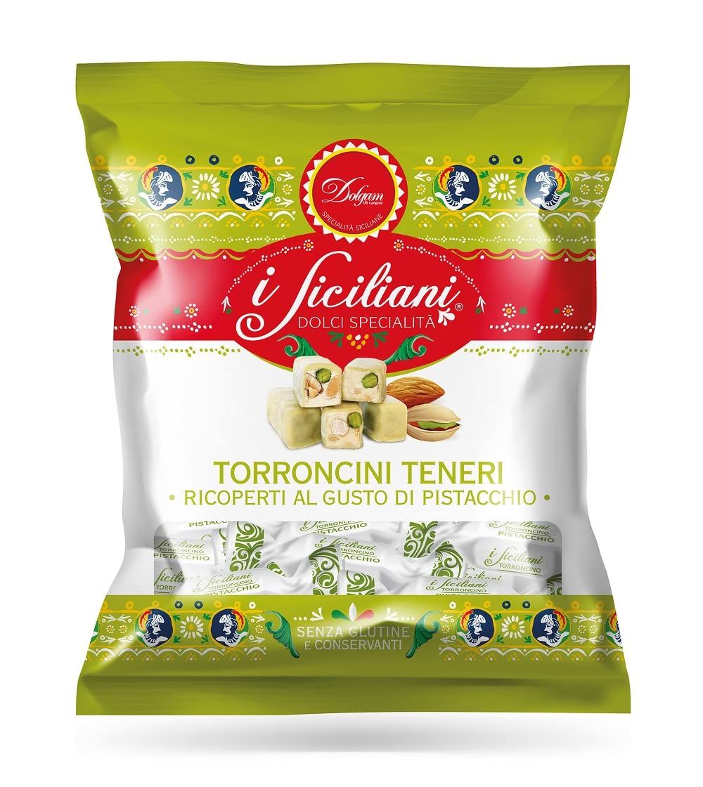 I Siciliani Soft Pistacchio &amp; Almond Torrone Nougat bite size Individually wrapped 6x100g. Packets Total 600g. ( 21.16oz.)NO PRESERVATIVES &amp; Gluten Free