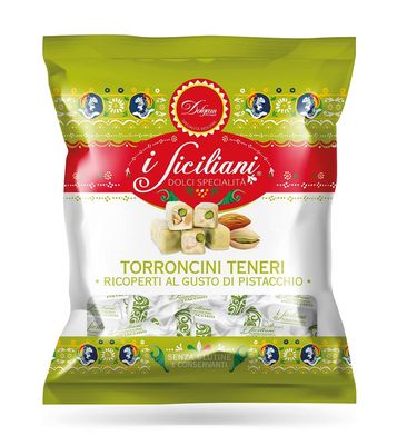 I Siciliani Soft Pistacchio &amp; Almond Torrone Nougat bite size Individually wrapped 6x100g. Packets Total 600g. ( 21.16oz.)NO PRESERVATIVES &amp; Gluten Free