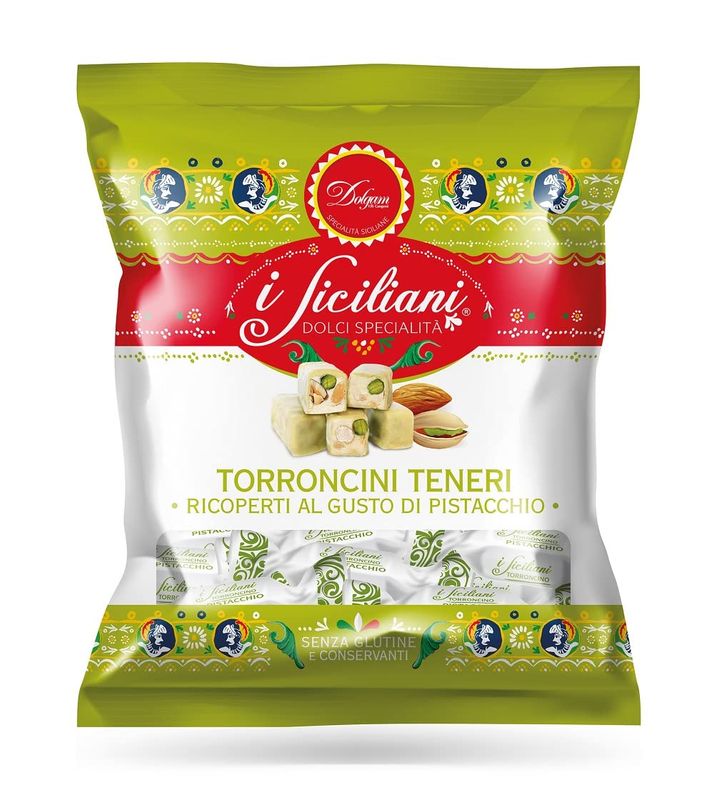 I Siciliani Soft Pistacchio &amp; Almond Torrone Nougat bite size Individually wrapped 6x100g. Packets Total 600g. ( 21.16oz.)NO PRESERVATIVES &amp; Gluten Free