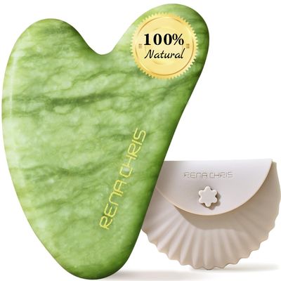 Rena Chris Gua Sha Facial Tools-Xiuyan Jade Gua Sha Stone for Face Massage, Jawline Sculpting &amp; Puffiness Reduction with Silicone Case (Green)