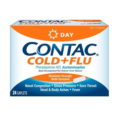 Contac Cold &amp; Flu Medicine, Non-Drowsy, Powerful Multi-Symptom Daytime Relief for Nasal Congestion, Sinus Pressure, Headache, Fever, Sore Throat, Minor Aches and Pains, 24 Caplets