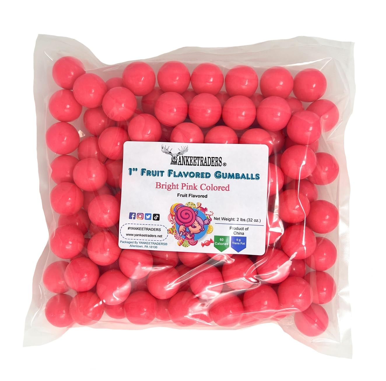 YANKEETRADERS Bright Pink Fruit Flavored Gumballs 1&quot;, 2 Pounds Bulk