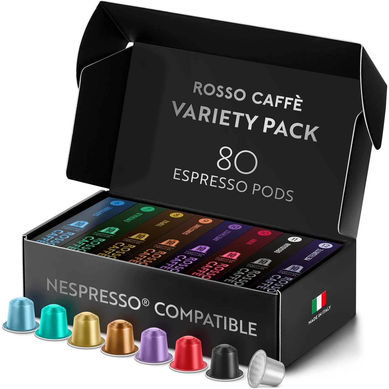 ROSSO CAFF Espresso Coffee Pods, Compatible with Nespresso Original Machines, Reserve Variety Pack, 80 Capsules - Made in Italy