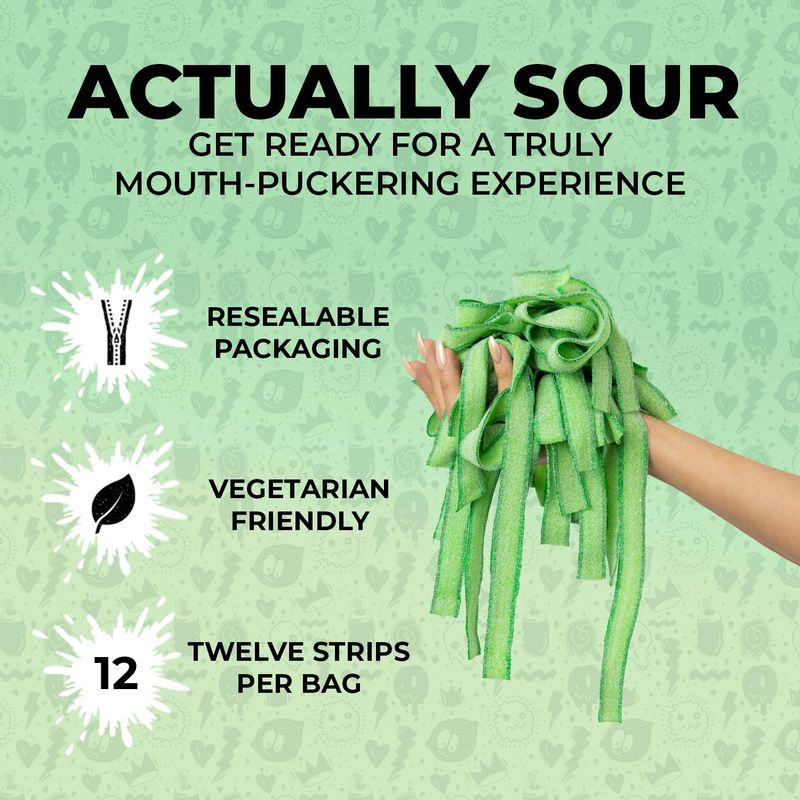 Sour Strips Flavored Sour Candy Strips, Deliciously Sour Chewy Candy Belts, Vegetarian Candies, 3 Pack (Green Apple (3-Pack))