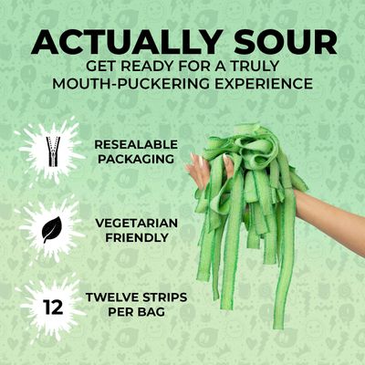Sour Strips Flavored Sour Candy Strips, Deliciously Sour Chewy Candy Belts, Vegetarian Candies, 3 Pack (Green Apple (3-Pack))