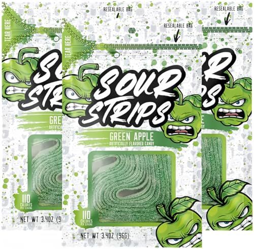 Sour Strips Flavored Sour Candy Strips, Deliciously Sour Chewy Candy Belts, Vegetarian Candies, 3 Pack (Green Apple (3-Pack))