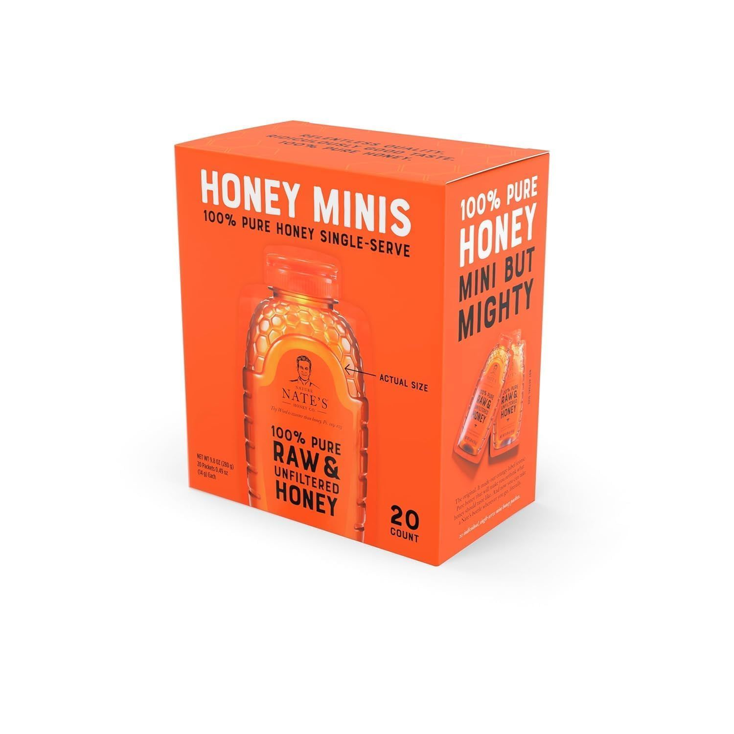 Nate&#39;s Honey Minis - Single-Serve 100% Pure, Raw &amp; Unfiltered Honey - 0.49oz Packets, 20ct box