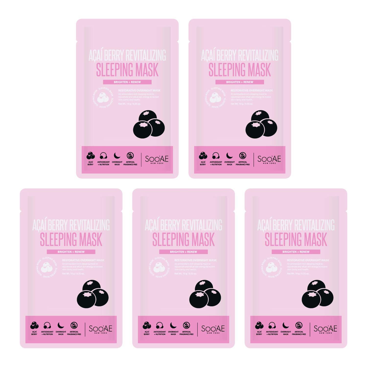 Soo&#39;AE Acai Berry Revitalizing Sleeping Mask Skincare Brightening &amp; Renew Pack of 5 Overnight Face Mask Leave-in treatment Soothing Face Mask for Dry Skin Korean Beauty masks,5 Count(Pack of 1)