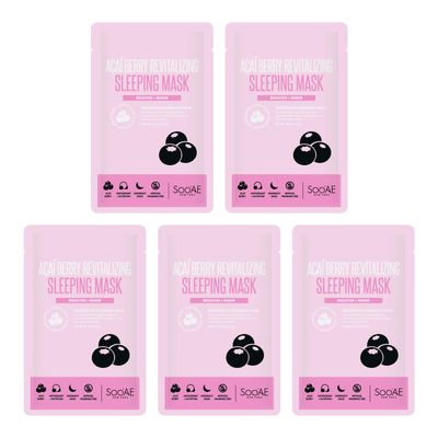 Soo&#39;AE Acai Berry Revitalizing Sleeping Mask Skincare Brightening &amp; Renew Pack of 5 Overnight Face Mask Leave-in treatment Soothing Face Mask for Dry Skin Korean Beauty masks,5 Count(Pack of 1)