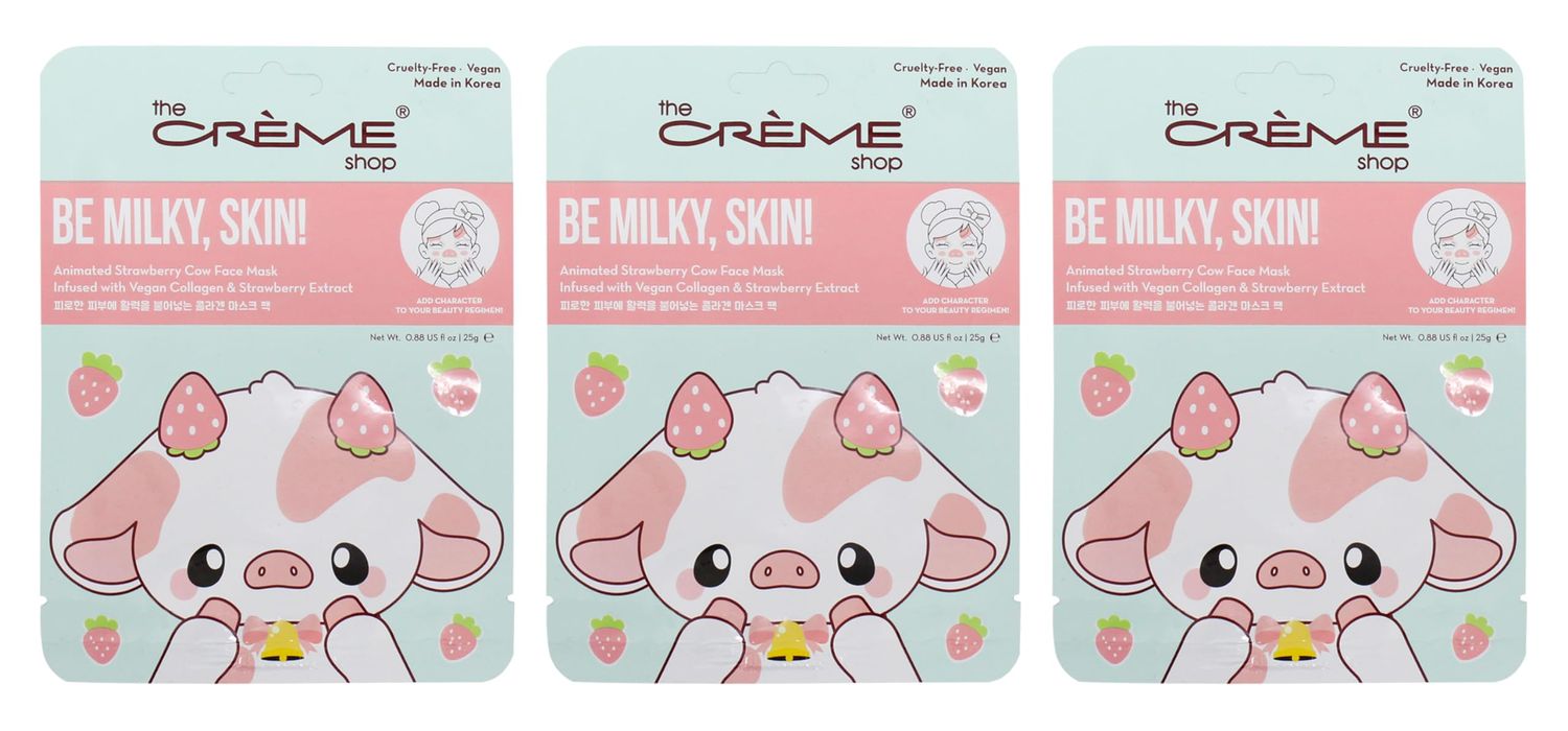 The Crme Shop Be Milky, Skin! Animated Strawberry Cow Face Mask, Vegan Collagen Facial Mask, K Beauty Sheet Mask - 3 Pack