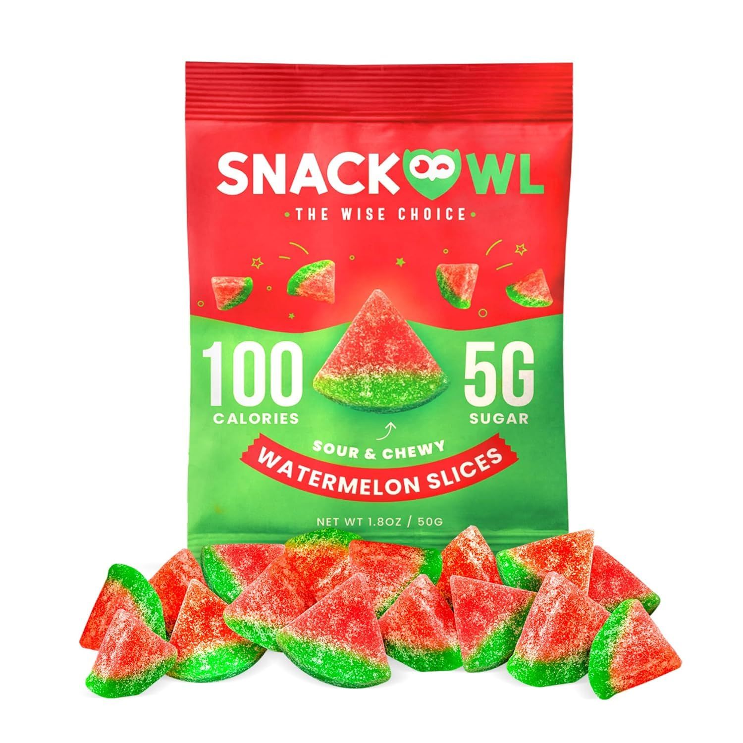 Snack Owl Vegan Sour Gummy Candy - Gluten Free, Low Calorie Candy - Guilt Free &amp; Delicious Healthy Gummy Snacks - (Watermelon Slices)