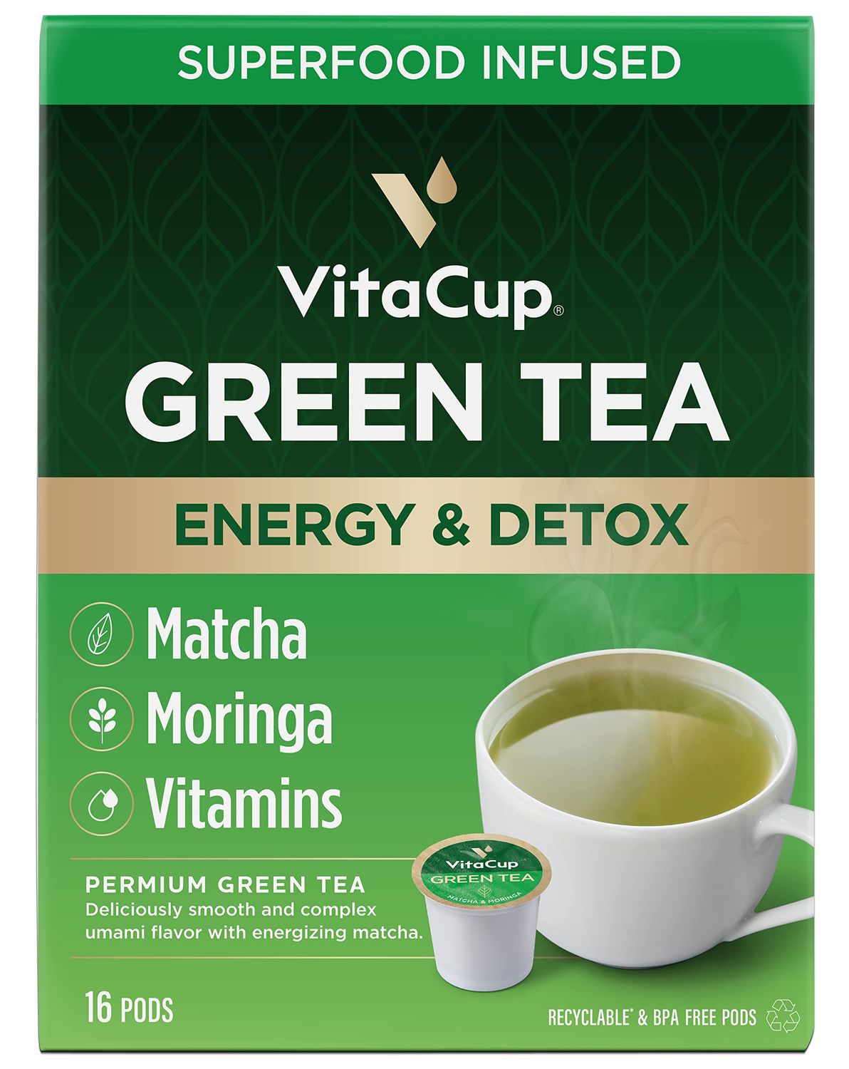VitaCup Green Tea Pods, Enhance Energy &amp; Detox with Matcha, Moringa, B Vitamins, D3, Keto, Paleo, Vegan, Recyclable Single Serve Pod, Compatible with Keurig K-Cup Brewers,16 Ct