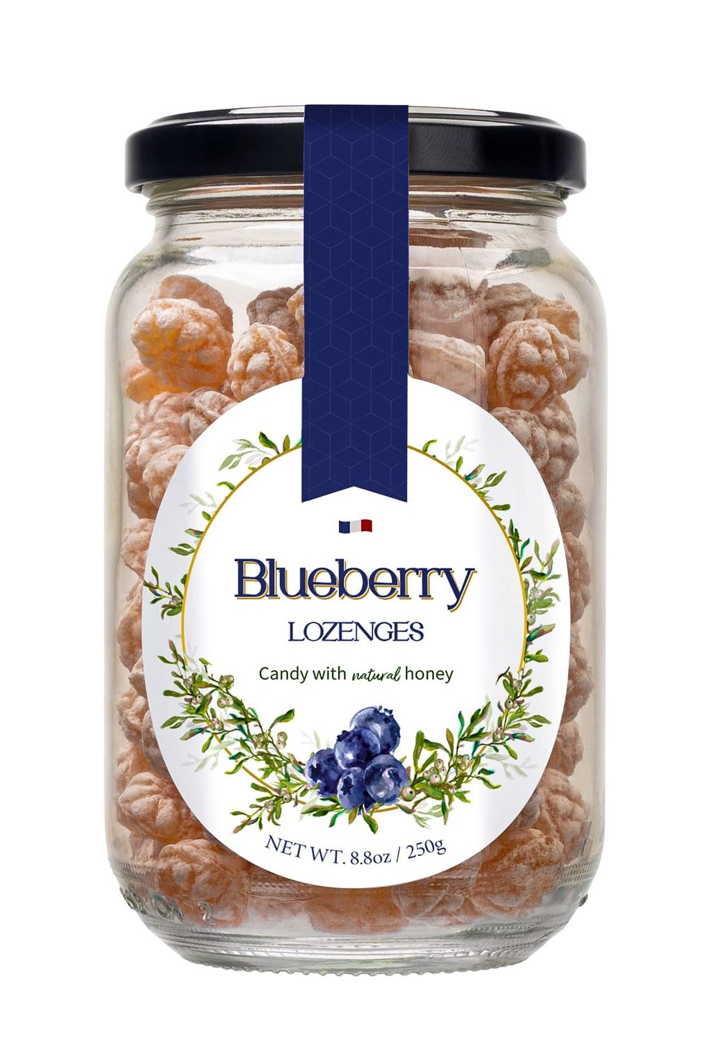 Gourmanity Blueberry Flavor Honey Lozenges Made with Real Honey and Natural Blueberry Flavor, Luxury French Honey Candy, Great Soothing Throat Lozenges, 8.8oz Jar