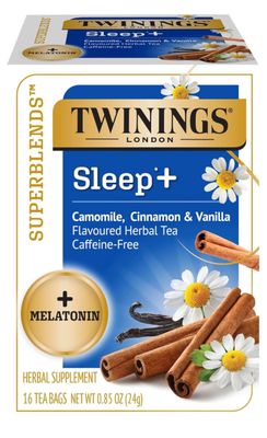 Twinings Superblends Sleep Herbal Tea with Melatonin Camomile, Cinnamon &amp; Vanilla, Caffeine-Free, 16 Tea Bags (Pack of 1), Enjoy Hot or Iced