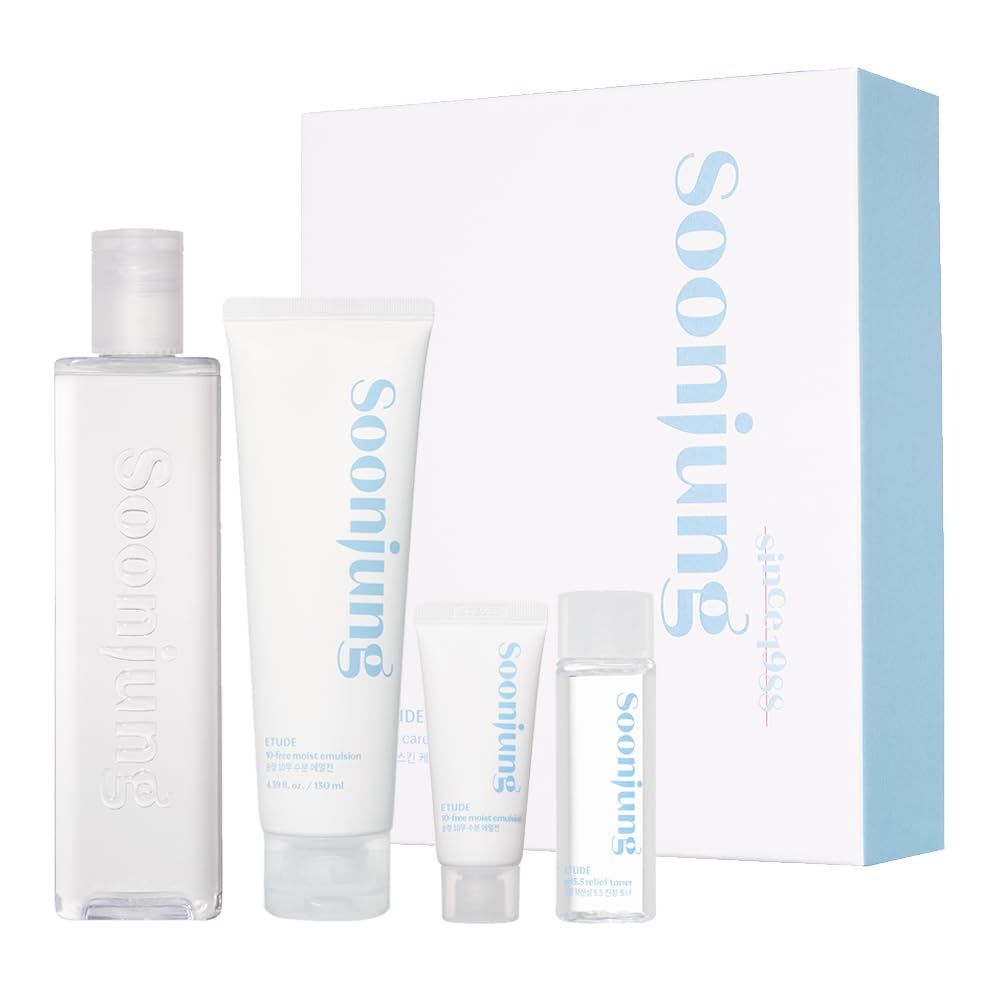 Etude Soonjung Skincare 2 Set ph 5.5 Relief Toner / 10-Free Moist Emulsion with Gift Hypoallergenic Skin Soothing and Moisturizing Skincare for Sensitive Skin Korean Skin Care, Perfect for Gift