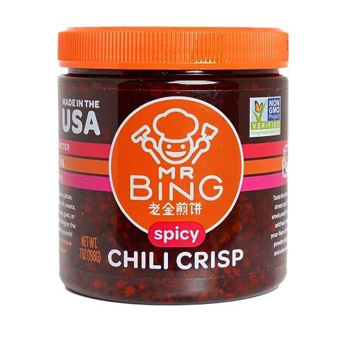 Mr. Bing Chili Crisp Spicy - Delicious, Flavorful &amp; Crunchy Chili Oil - Made in USA Chili Paste Hot Sauce - Gluten Free, Vegan, No MSG, Non-GMO Oil - (7 oz.)