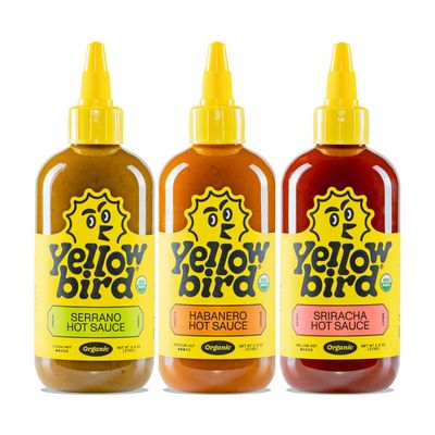 Yellowbird Organic Hot Sauce Variety Set 9.8 oz Pantry Size Sriracha Serrano Habanero (Mellow Hot to Medium Hot 3 Flavors Made in Texas)