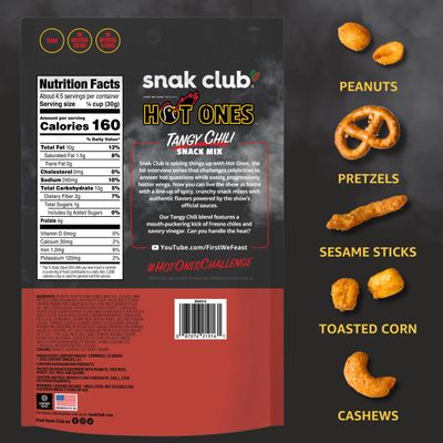 Snak Club x Hot Ones Tangy Chili Snack Mix, Mild Spicy Snacks with Peanuts, Pretzels, Sesame Sticks, Toasted Corn & Cashews, Inspired by Hot Ones Hot Sauce, 4.5 oz Resealable Bag (6 Count)