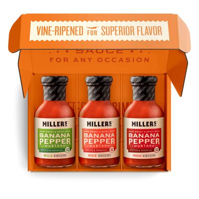 Miller's Banana Pepper Mustard Sauce Gift Box - Includes Hot, Mild, Habanero - Best Use for Chicken Wing, Burgers, Sandwich, Non-GMO Project Verified, 9.5 Ounce (Pack of 3)