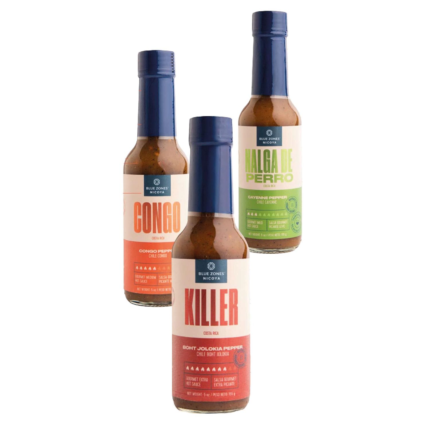 Blue Zones Nicoya - Gourmet Mild, Medium &amp; Extra Hot Sauce "Nalga de Perro, Congo, Killer" - Naturally Smoked - Gluten &amp; Trans-Fat Free - Variety Pack of 3 (15oz/ 465g)