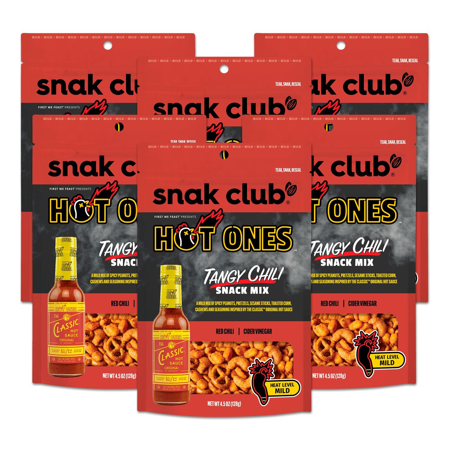 Snak Club x Hot Ones Tangy Chili Snack Mix, Mild Spicy Snacks with Peanuts, Pretzels, Sesame Sticks, Toasted Corn &amp; Cashews, Inspired by Hot Ones Hot Sauce, 4.5 oz Resealable Bag (6 Count)