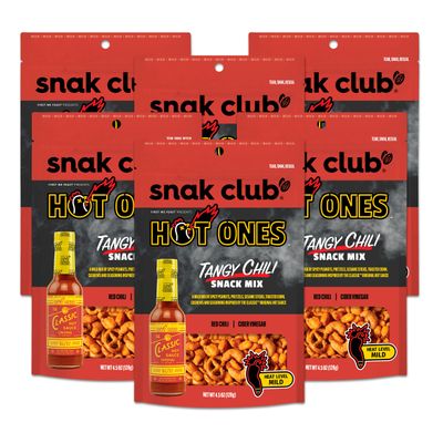 Snak Club x Hot Ones Tangy Chili Snack Mix, Mild Spicy Snacks with Peanuts, Pretzels, Sesame Sticks, Toasted Corn &amp; Cashews, Inspired by Hot Ones Hot Sauce, 4.5 oz Resealable Bag (6 Count)