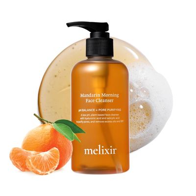 Melixir Mandarin Morning Face Cleanser, Gentle Non-Stripping Daily Cleanser for Dry Skin, Hydrating Hyaluronic Acid &amp; BHA, Low pH Gel Formula, Removes Excess Oil and SPF, Korean Skin Care (8.4 fl.oz.)