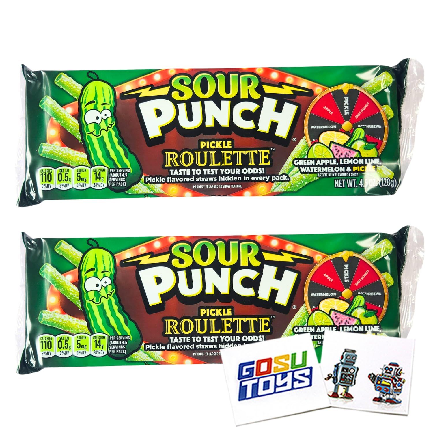 Sour Punch Pickle Roulette (2 Pack) Green Apple, Lemon Lime, Watermelon and Pickle with 2 Gosutoys Stickers