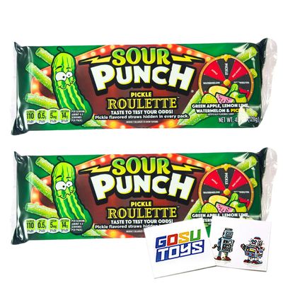 Sour Punch Pickle Roulette (2 Pack) Green Apple, Lemon Lime, Watermelon and Pickle with 2 Gosutoys Stickers