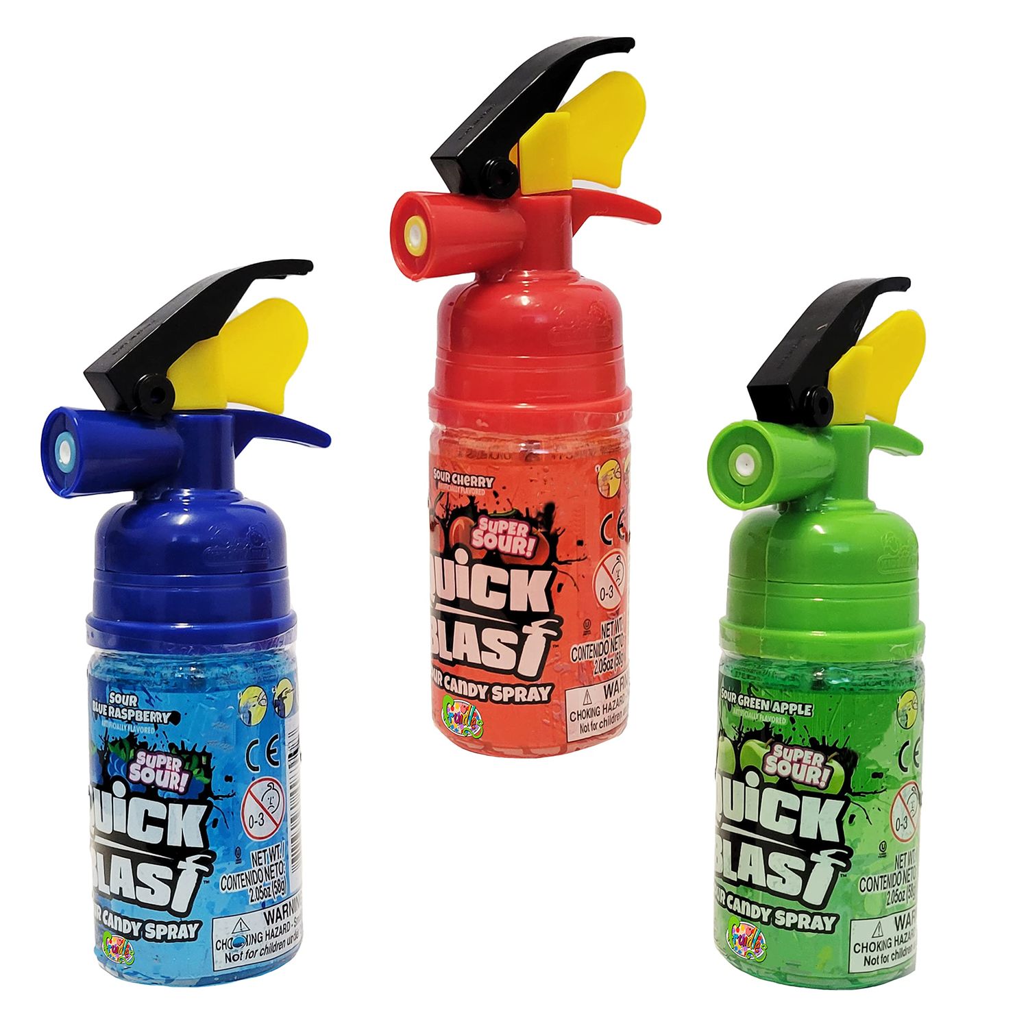 The Dreidel Company Candy Spray Comes in 3 Different Flavors Cherry Splash Blue Raspberry Blast Sour Apple Blast,2.01 OZ Per Bottle 57 Grams (Fire Extinguisher Quick Blast, 3-Pack)