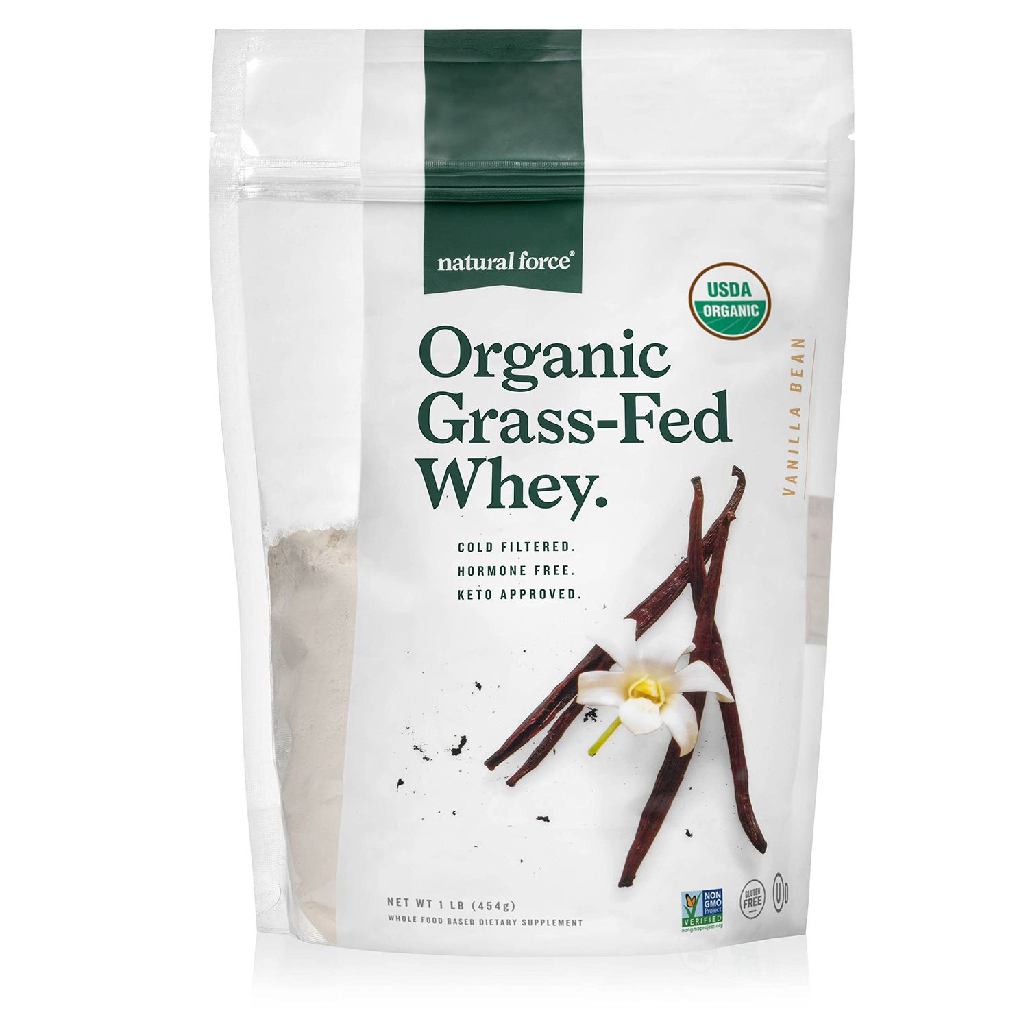 Natural Force Grass Fed Organic Whey Protein Powder - Non GMO Verified, Humane Certified &amp; Lab Tested for Toxins - Real Vanilla Flavor - Keto Friendly, Low Carb, and Kosher - 16 Ounce A2 Protein