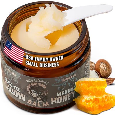 Beef Tallow and Honey Balm for Skin - Grass-Fed, Grass-Finished Face and Body Cream, Moisturizer for Dry Skin and Eczema, Shea Butter, Jojoba, Almond Oil, Beeswax, Unscented, Made in Canada, 2 oz
