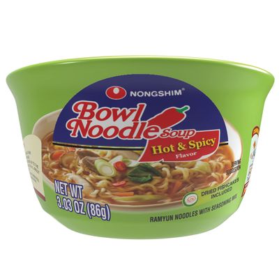 Nongshim Hot &amp; Spicy Instant Ramen Noodle Bowl Soup Mix, 3.03 Ounce (Pack of 6), Includes Fish Cakes, Crisp Carrot &amp; Green Onion Topping