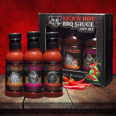 Tony Pigg's Kick'n Hot BBQ Sauce Gift Set (3pk, 19oz ea- Fresno Reaper, Ghost, Creeper)- Hand Crafted Barbecue Sauces w Fresh Pepper Heat- Great for Ribs & Chicken Wings- Grilling Gift for Fathers Day