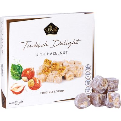 Cerez Pazari Turkish Delight Hazelnut Candy Gourmet Premium Vegan Sweets Medium Gift Box 14.8oz Sweet Luxury Traditional Confectionery Soft Candy Dessert Glucose Free Lokum (Loukoumi) Apprx.42 Pcs