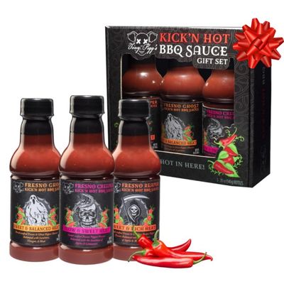 Tony Pigg&#39;s Kick&#39;n Hot BBQ Sauce Gift Set (3pk, 19oz ea- Fresno Reaper, Ghost, Creeper)- Hand Crafted Barbecue Sauces w Fresh Pepper Heat- Great for Ribs &amp; Chicken Wings- Grilling Gift for Fathers Day