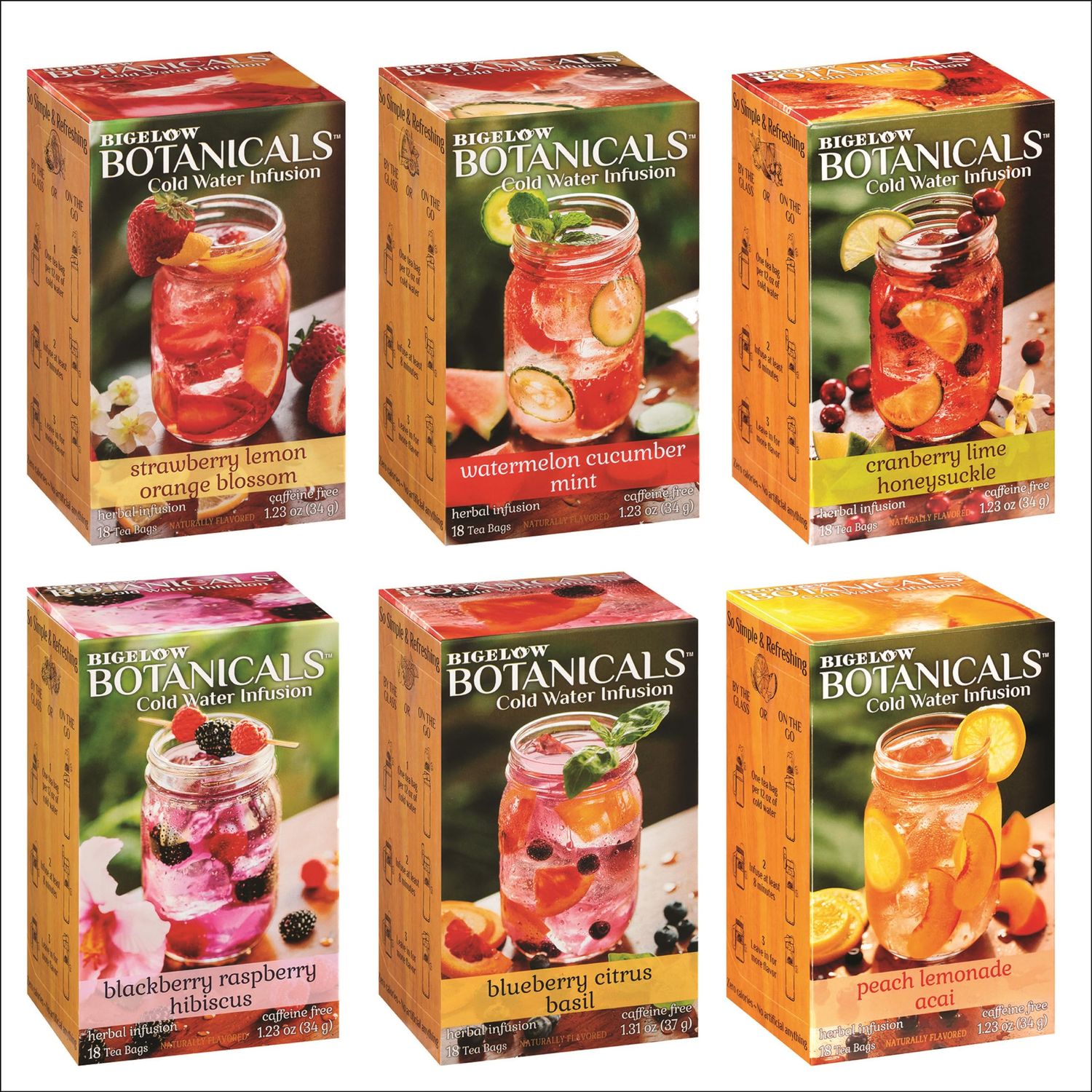 Bigelow Botanicals Cold Water Infusion Herbal Variety Pack, Caffeine Free Tea with Cranberry, Watermelon, Blackberry, Strawberry, Peach &amp; Blueberry Flavor, 18 Count Box (Pack of 6), 108 Total Tea Bags