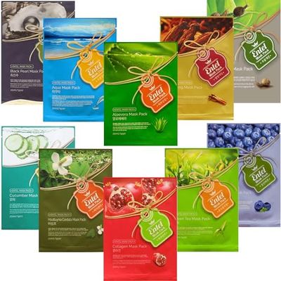 Entel 10 pcs Combo-Pack, Premium Korean Facial Mask Sheet (10 Types x 1pcs), Five Chemical Free ; No-Paraben, No-Silicon, No-Mineral Oil, No-Artificial Colors and No-Ethanol