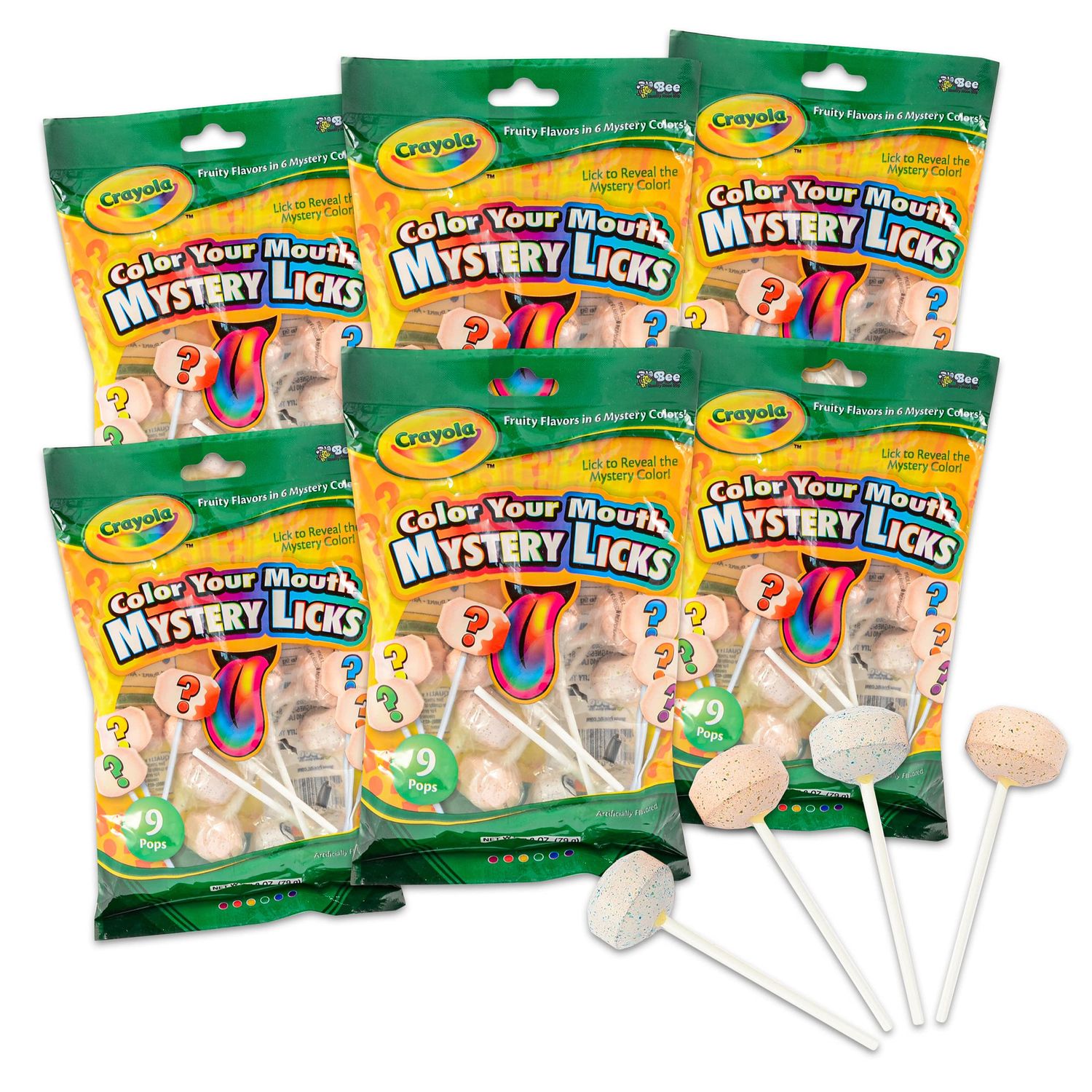 Crayola Candy Color Your Mouth Mystery Licks Candy Bags 6 Pack Mystery Lollipops Candy Dipper, 9 Count (Pack of 6)