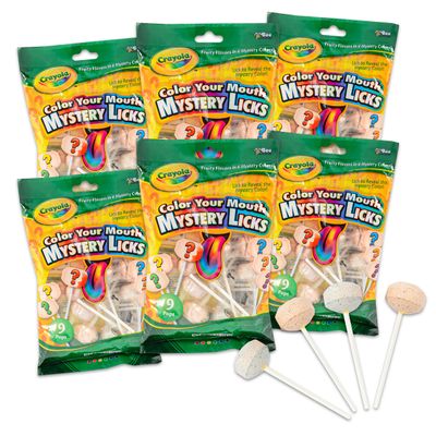 Crayola Candy Color Your Mouth Mystery Licks Candy Bags 6 Pack Mystery Lollipops Candy Dipper, 9 Count (Pack of 6)