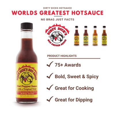Dirty Dicks Original Hot Sauce, 5 Fl Oz - Award-Winning Blend of Habanero, Tropical Fruits &amp; Spices (Pack of 2)