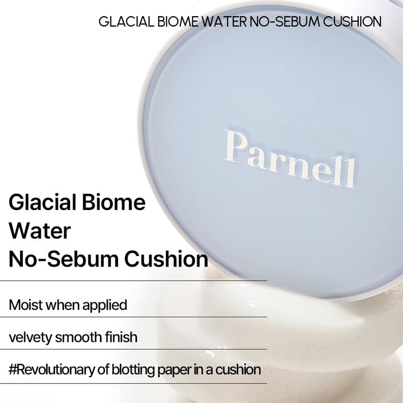 Parnell Glacial Biome Water No-Sebum Cushion 0.35 Fl Oz / 10g Hydrating &amp; Oil-Control Cushion with Hyaluronic Acid, Mineral Water, and Collagen Cooling Powder Formula K-beauty