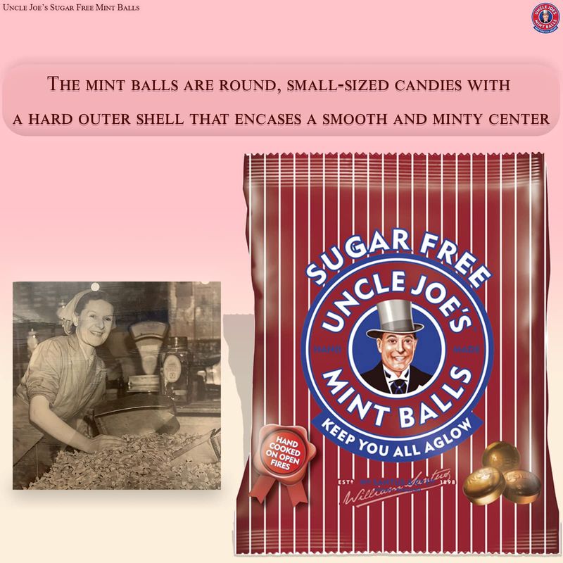 Uncle Joe's Sugar Free Mint Balls British Hard Candy Bags Hand Cooked on Open Fires Gluten-Free &amp; Vegan Individually Wrapped UK Imported Gift Pack 2.12 Oz (60 g)