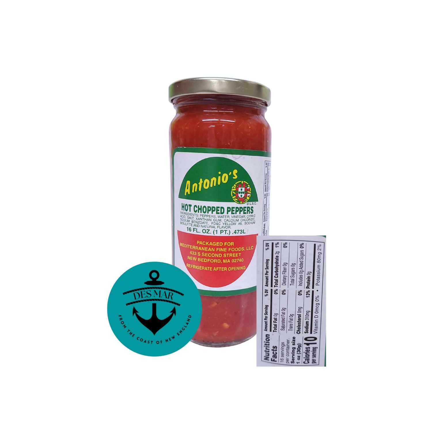 Antonio&#39;s Hot Chopped Peppers - Pimenta Moida 16 FL. OZ. (1 pint) .473L with BONUS Des Mar Magnet