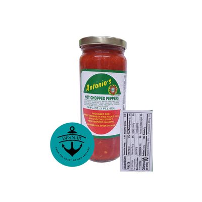 Antonio&#39;s Hot Chopped Peppers - Pimenta Moida 16 FL. OZ. (1 pint) .473L with BONUS Des Mar Magnet