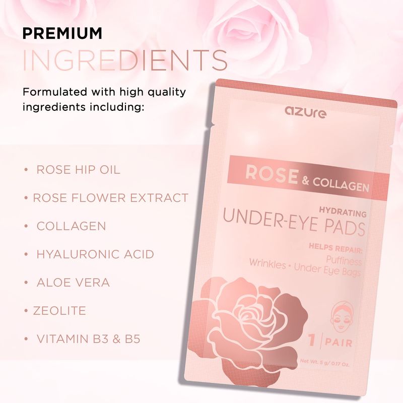 Azure Cosmetics Rose &amp; Collagen Hydrating Under Eye Pads - Anti Aging, Revitalizing &amp; Moisturizing Eye Mask Patches - Reduces Fine Lines, Wrinkles, Dark Circles &amp; Puffiness - Made in Korea - 5 Pairs
