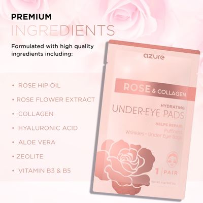 Azure Cosmetics Rose & Collagen Hydrating Under Eye Pads - Anti Aging, Revitalizing & Moisturizing Eye Mask Patches - Reduces Fine Lines, Wrinkles, Dark Circles & Puffiness - Made in Korea - 5 Pairs