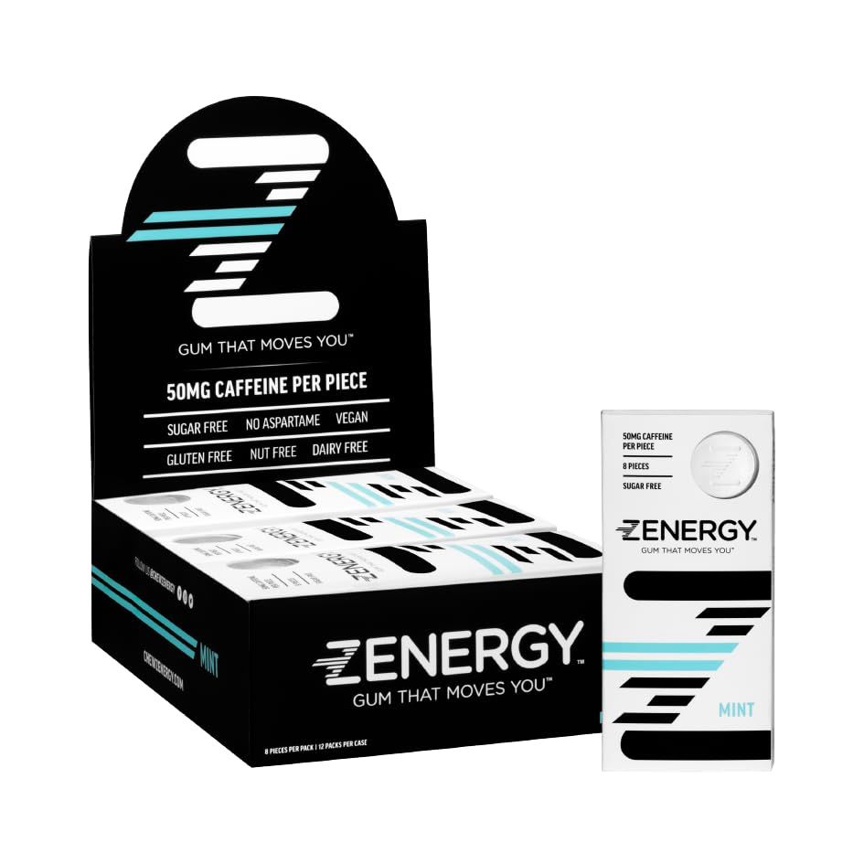 ZENERGY Energy Gum - Mint Flavor 50mg Caffeine 35% B6 and 45% B12 Vitamin Vegan, 0 Sugar, 0 Calories, 0 Gluten, 0 Aspartame, Non-GMO, Instant Action 12 Pack 96 Count
